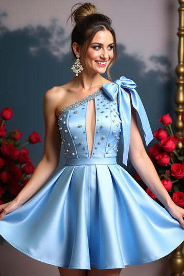 One Shoulder Sky Blue Beaded Homecoming Dress